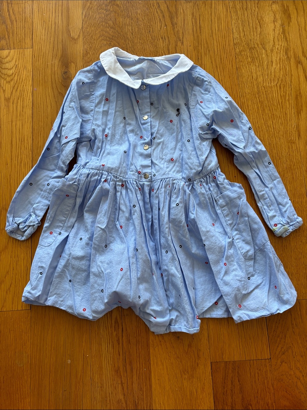 Jacadi Light Blue Long-Sleeve Dress with White Peter Pan Collar and Polka Dots